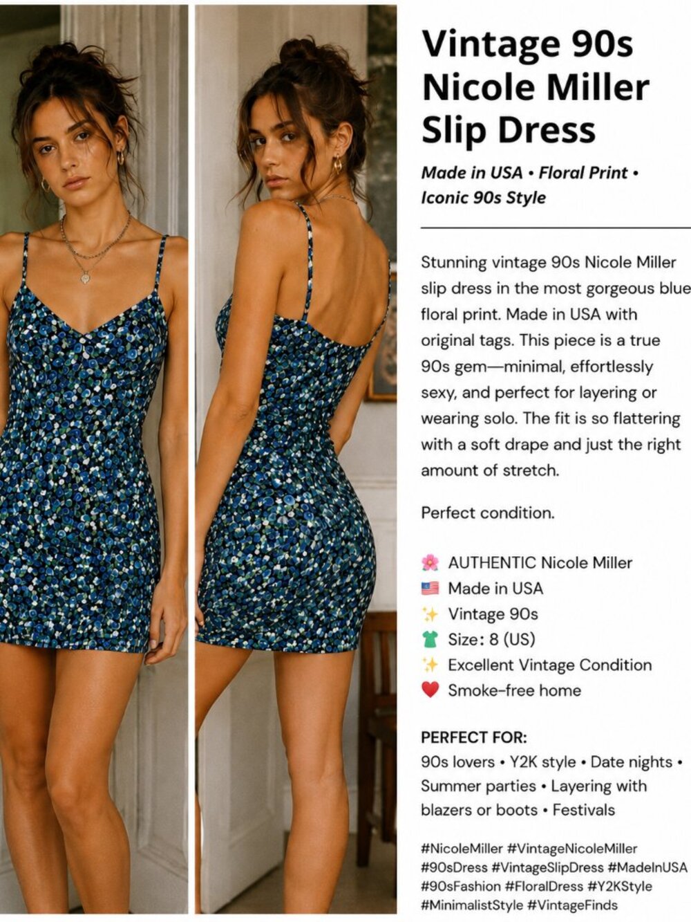 🪻💙VTG Nicole Miller Women’s Authentic 90’s Iconic RARE Floral Slip Dress | 8